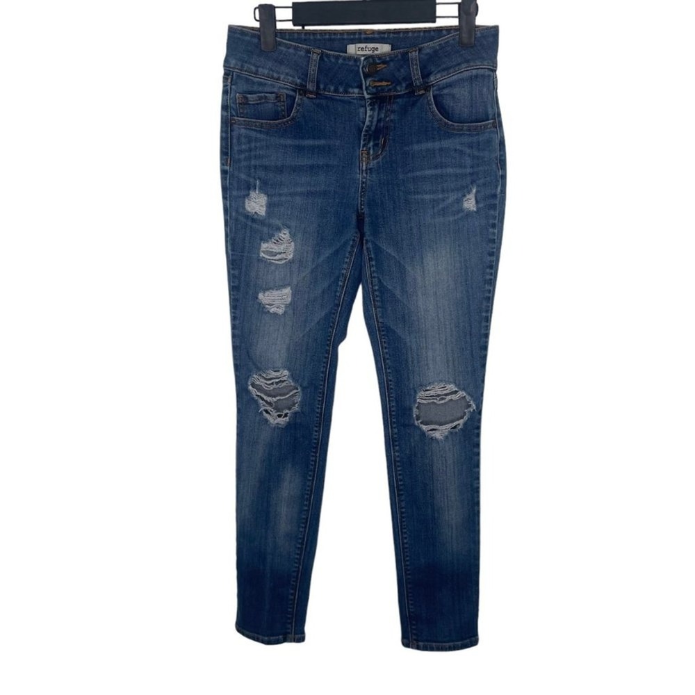 Refuge Skinny Jeans Womens 2 Medium Wash Distressed Ripped Denim Blue